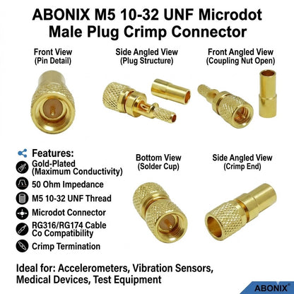 ABONIX M5 10-32 UNF Microdot Male Crimp Connector for RG-316/RG-174, Gold Plated 50 Ohm- Pack- 1